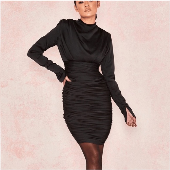 House of CB Dresses & Skirts - House of CB London Dress Small Giorgiana Ruched Long Sleeve Satin Black Party